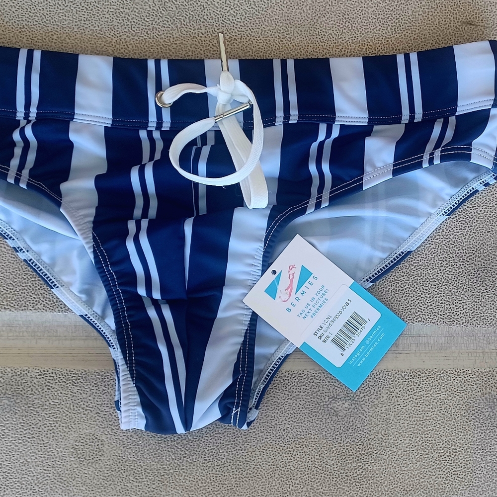 Bermies Men's Von Brief Swim Briefs Navy/White Stripes sz S Small NWT Shark Tank